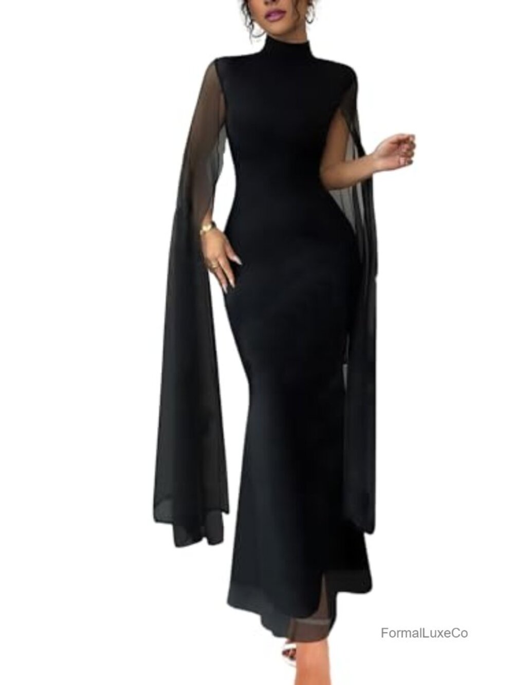Women's Cape Sleeve Mesh Maxi Dress Elegant High Neck Formal Evening Gown